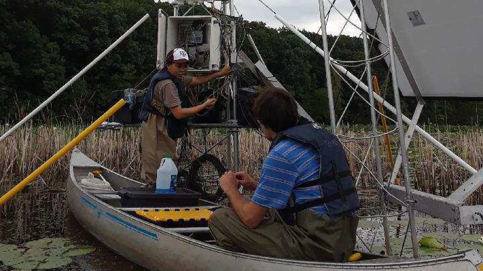Students conducting environmental field research in a canoe