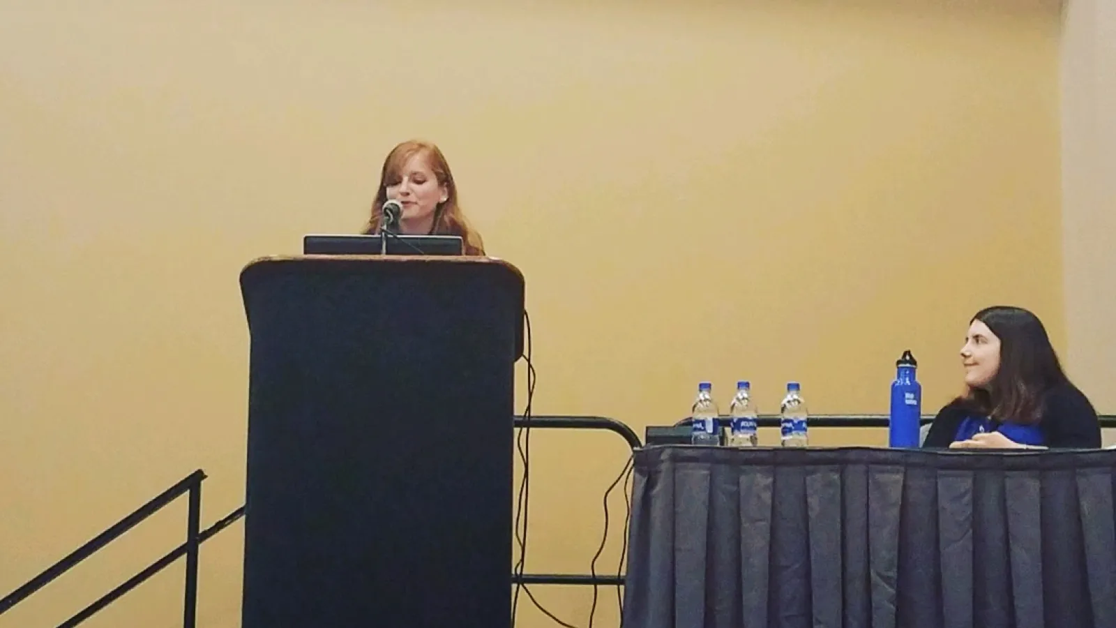 An ESGP student presenting beside her adviser at the 2018 Indoor Air Conference 